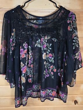 Vintage Sheer Floral Top Womens Large Black Sequins Whimsygoth Fairy 90s Witchy